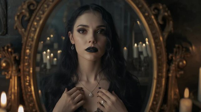 Checking necklace in black lace, woman lifting chin, meeting gaze as candles flickering in mirror