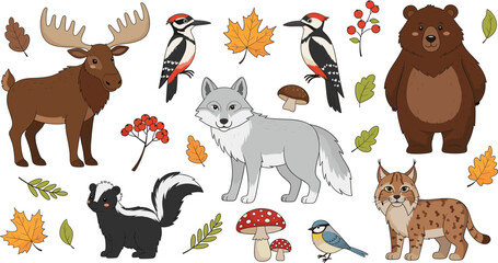 Fototapeta premium Collection of Forest Wildlife Icons Featuring Moose Wolf Bear Lynx Skunk Woodpecker and Tit Bird With Autumn Leaves Mushrooms and Red Berries Set.