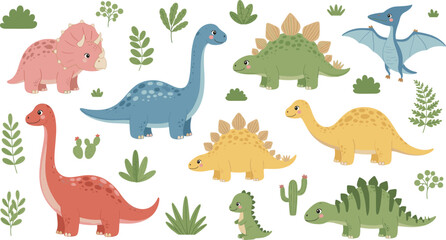 Collection of Cute Cartoon Dinosaur Icons Featuring Triceratops Brachiosaurus and Stegosaurus With Tropical Leaves and Cacti in Detailed Flat Vector Illustration Design Set. © Aminul