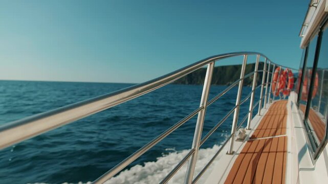 Close-up of side deck between wheelhouse and handrails with lifebuoys on yacht sailing through calm sea toward mountainous coastline. Travel and tourism concept