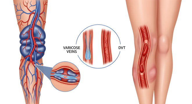 Detailed medical illustration of varicose veins and DVT in human legs