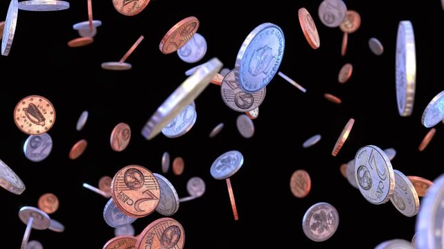 Euro Coins Falling on Black Background, European Currency, Financial Growth Concept