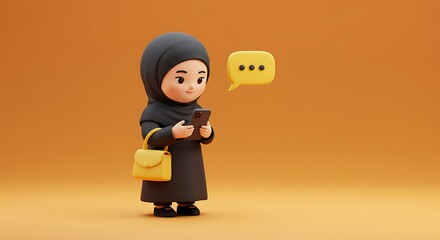 3D illustration of woman in black abaya using smartphone with chat bubble, ideal for concepts of digital communication and modern social interaction