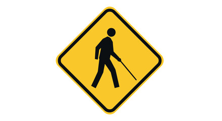 A visually impaired person walking with a cane on a road sign