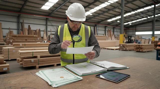 Medium view of an inspector reviewing printed certificates and verifying authenticity against timber batch records in a manufacturing warehouse.