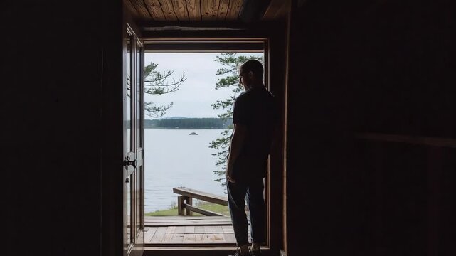 Standing drawn to doorway, male gazing at lake at cabin threshold in dark tee, slim pants