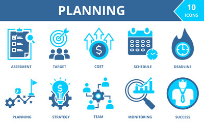 PLANNING icon collection set. Containing assessment, target, cost, schedule, team, planning, strategy, deadline. dual tone vector.