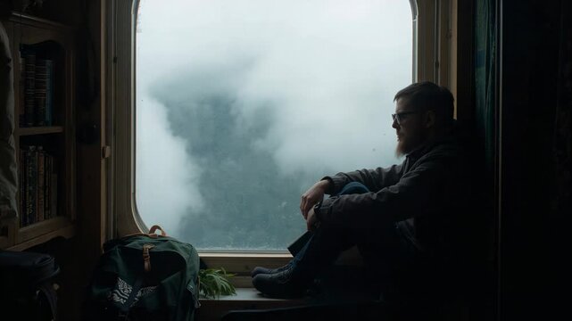 Gazing man wearing glasses and jacket, sitting on window ledge in cabin, watching fog with backpack
