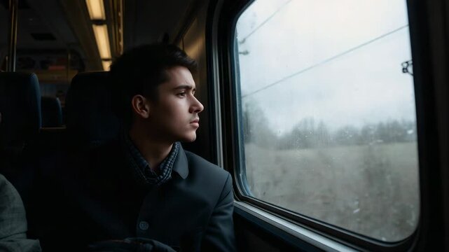 Staring man in coat holding backpack while train moving past poles outside window, commuting