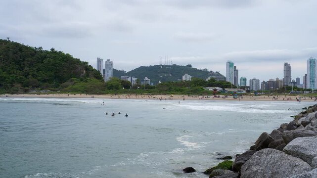 Timelapse of waves crashing on the beach in Atalaia, Itajai, Brazil