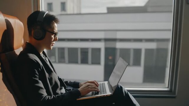 Typing commuter in blazer with headphones at train window as train moving, using laptop, copy space
