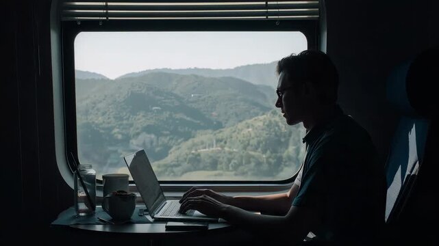 Working man in dark shirt typing on laptop at train window with smartphone, cup, copy space