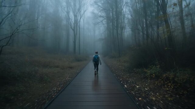 Taking first step, hiker wearing jacket and beanie with blue backpack on wet boardwalk toward fog