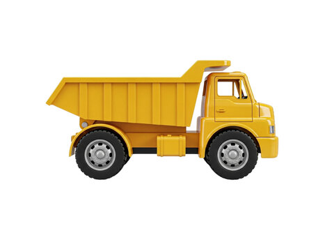 Side view yellow dump truck isolated on white background.