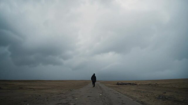 Starting walk adult wearing dark-jacket dark-pants moving along dirt-path to horizon near planks