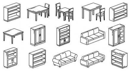 Collection of Isometric Furniture Line Drawings.