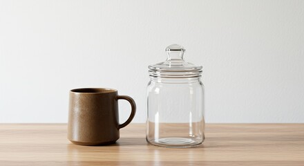 A brown ceramic mug and a clear glass jar with a lid on a wooden table against a white background