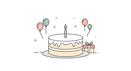 Birthday cake with lit candle and balloons celebration.