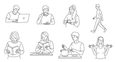 Collection of diverse people engaged in various activities sketch.