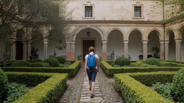 Walking woman wearing bright blue backpack and white top along cloister path, exploring colonnade