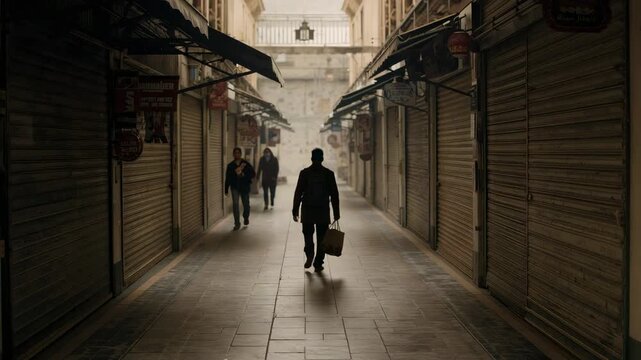 Man walking toward arched exit in market arcade, carrying paper bag and backpack while pair passing