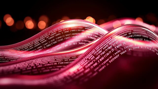 A vibrant abstract wave design featuring binary code with a glowing red hue.