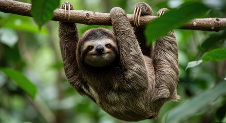 Obraz premium A sloth hangs upside down from a branch in a lush forest