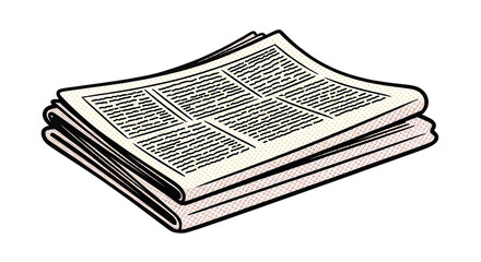 Folded newspaper stack with print text in a flat design style on a transparent background