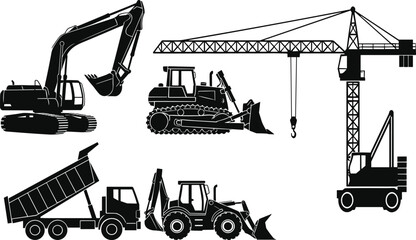 Construction, machinery, silhouette, excavator, bulldozer, dump truck, backhoe loader, crane, mobile crane, tower crane, equipment, industrial, earthmoving, heavy vehicle, black and white,  © MdMasud