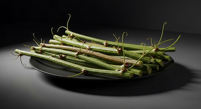 Fresh cissus quadrangularis stems on a black plate, healthy green herbal medicine, ayurvedic wellness, natural remedy, studio lighting, dark background