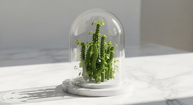 Cissus quadrangularis plant thriving under glass dome on marble surface, symbolizing protection and green botanical beauty in a serene indoor setting