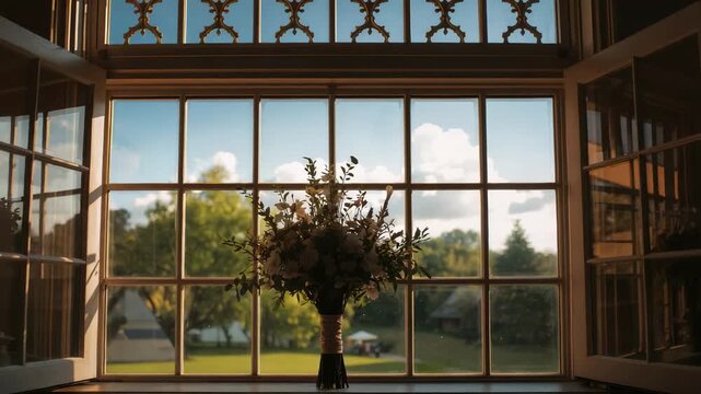 Camera adjusting focus, bouquet in dark vase staying on sill at home, open sashes revealing garden