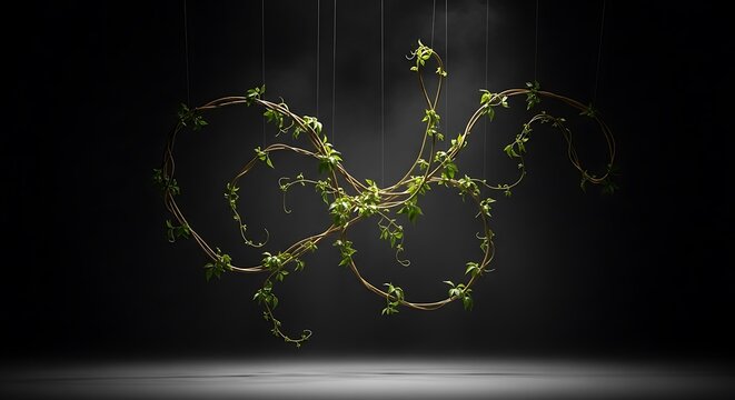 Cissus quadrangularis vine plant hanging in dark studio with dramatic lighting and spotlight on the floor
