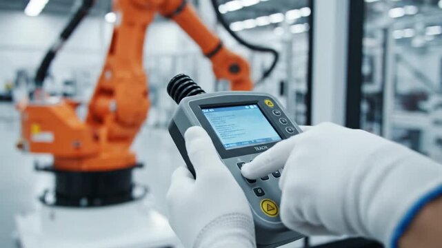 A technician operates a robotic controller in a modern manufacturing facility, showcasing advanced automation technology with robotic arms in the background