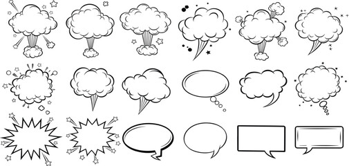 Black and White Comic Smoke Clouds and Explosion Elements Set with Blank Speech Bubbles for Cartoon, Dialogue, and Graphic Design Use