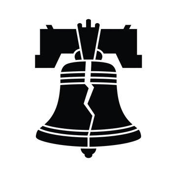 A stark black silhouette of the liberty bell with a prominent crack