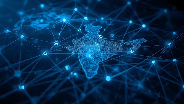 Digital map of India with glowing network connections and data points across the country Keywords: India, map, digital, network, connection, global, technology, data, communication, internet