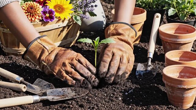 A gardener in leather gloves planting a young seedling into rich soil, surrounded by vibrant flowers and empty pots, showcasing a peaceful outdoor gardening scene