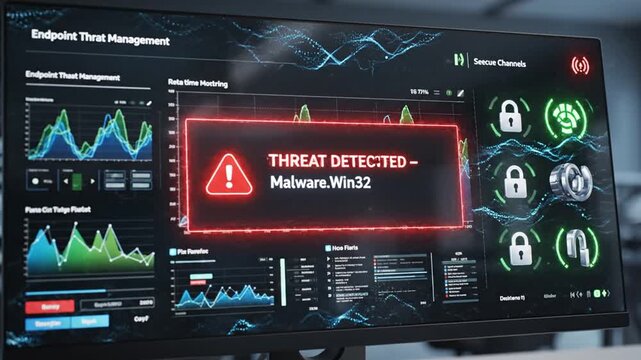 Digital screen displaying a critical "THREAT DETECTED - Malware.Win32" alert with security graphs and icons, representing endpoint threat management and cybersecurity monitoring.