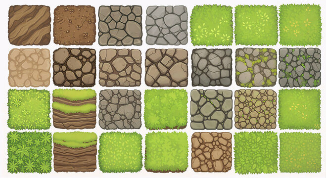 A comprehensive grid of square terrain icons and tiles for 2D game development. Features diverse textures like grass, mossy stones, pebbles, and soil in a bright, stylized art style.