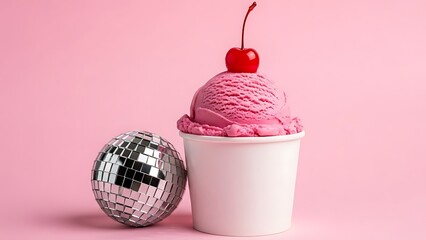 Pink ice cream with cherry and disco ball