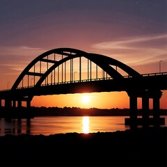 Obraz premium Silhouette of bridge over sunset water.