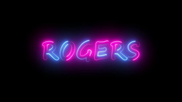 flickering neon rogers text animation. neon sign that flickers and glows with ROGERS