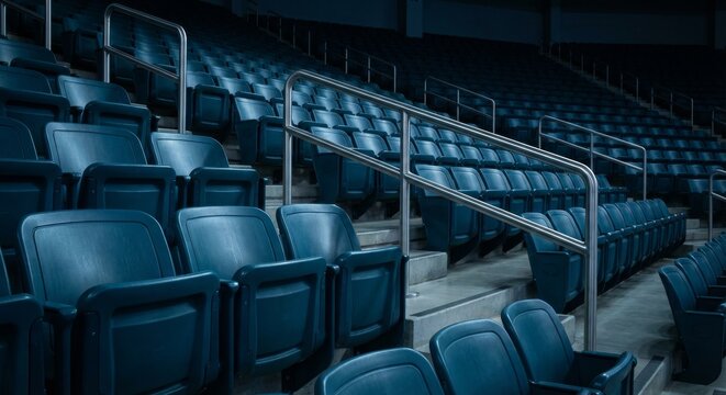 Empty dark blue plastic stadium spectator seats arranged in neat rows with metal handrails on concrete steps in a dark, moody, and silent arena