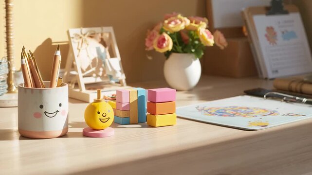 Shifting camera bringing focus forward at sunlit desk to emphasize pencil cup, smiley toy, blocks