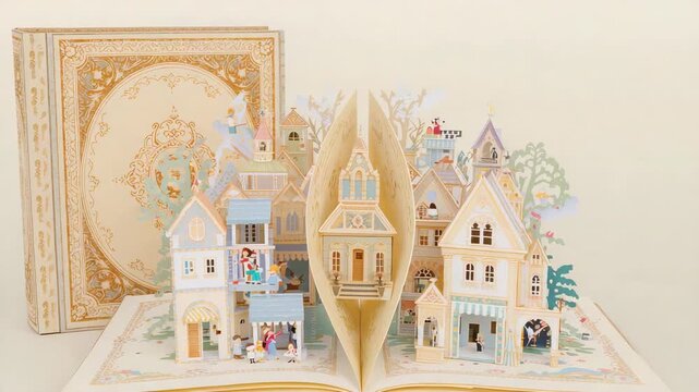 Popup book unfolding tower on beige table, showing paper figurines in pastel outfits and gilt book