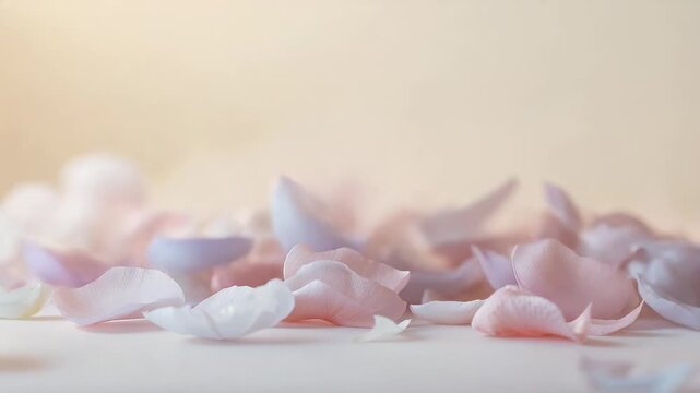 Floating pale pink and white petals entering frame and drifting toward tabletop, forming pile