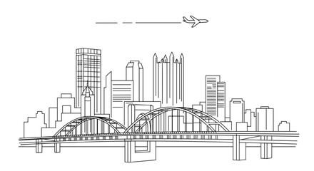 Modern city skyline line art with bridge and buildings