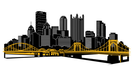 City skyline silhouette with bridge and industrial buildings