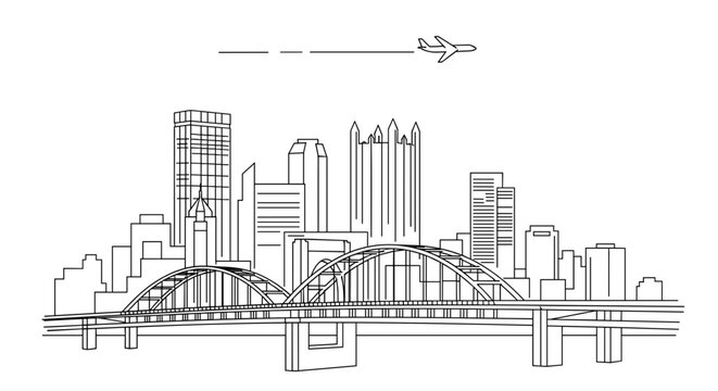 Modern city skyline line art with bridge and buildings